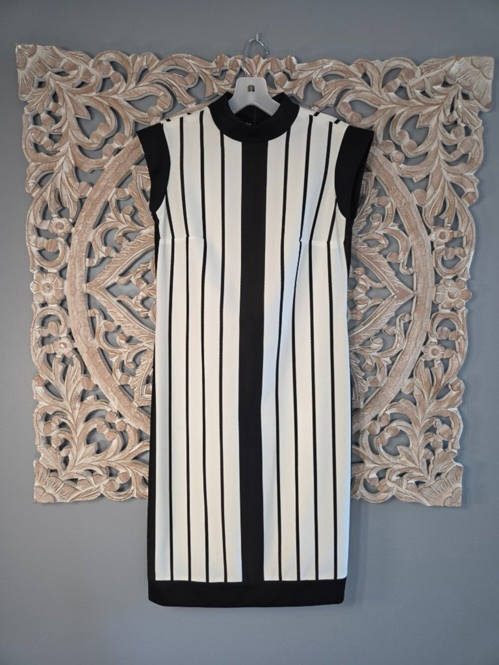 70's Vintage Leslie Fay Retro Sheath Dress Black/White Striped Medium
